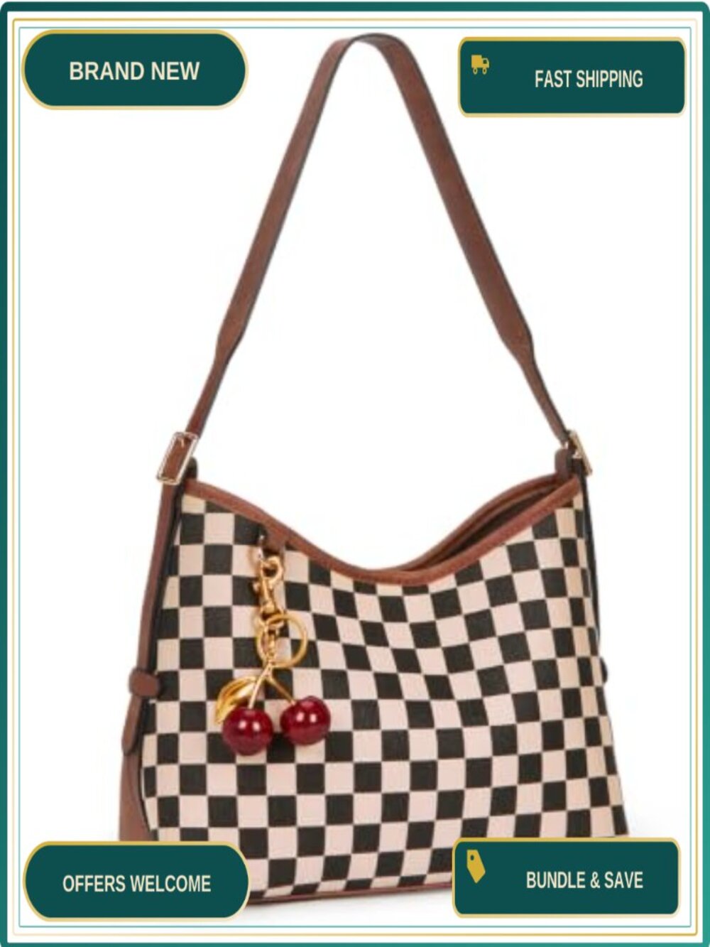 Plaid Checkered Hobo Bag Canvas Faux Leather Slouchy Shoulder Bag